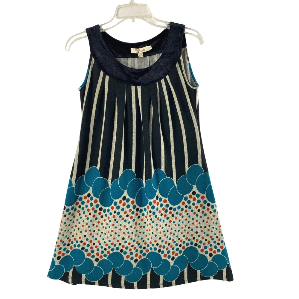 Aryeh Dress Womens Small Blue Black Striped Geometric Velvet Trim Sleeveless Mod